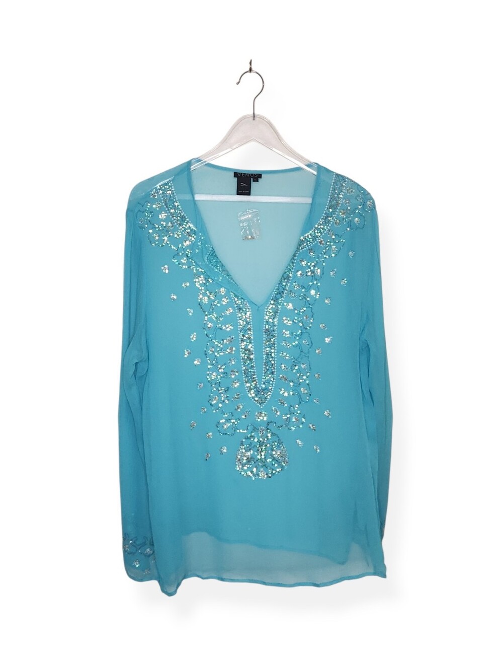 VENUS Pale Aqua Blue Silk Semi-Sheer Blouse with Sequins Women's Size Large